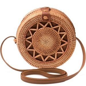 Round Rattan Bag Shoulder Leather Straps Natural Chic